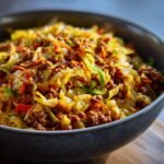 Nahaufnahme einer Sch&uuml;ssel mit unserem leckeren Egg Roll In A Bowl Rezept, gef&uuml;llt mit Kohl, Hackfleisch und Karotten.