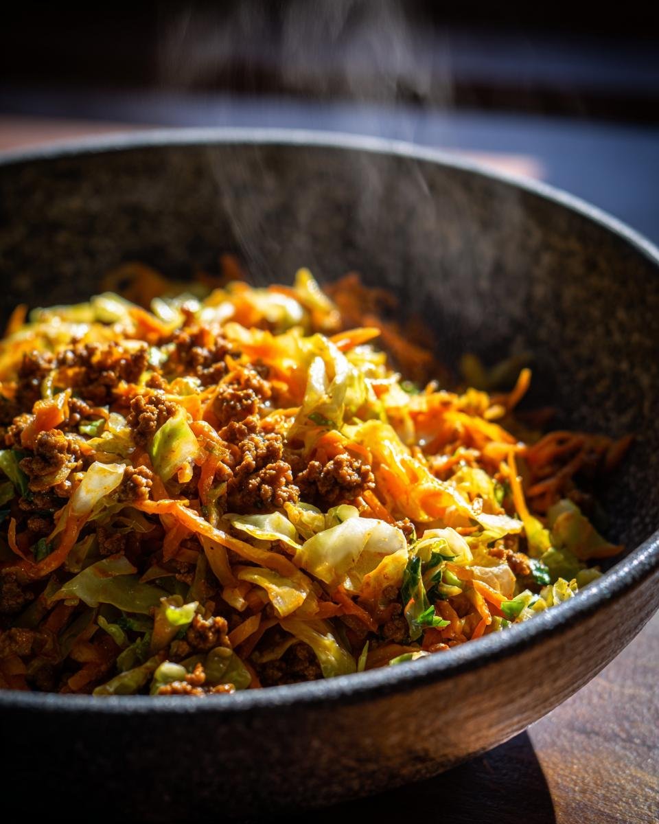 Nahaufnahme einer Sch&uuml;ssel mit dampfendem Egg Roll In A Bowl, das Hackfleisch und Kohl enth&auml;lt.