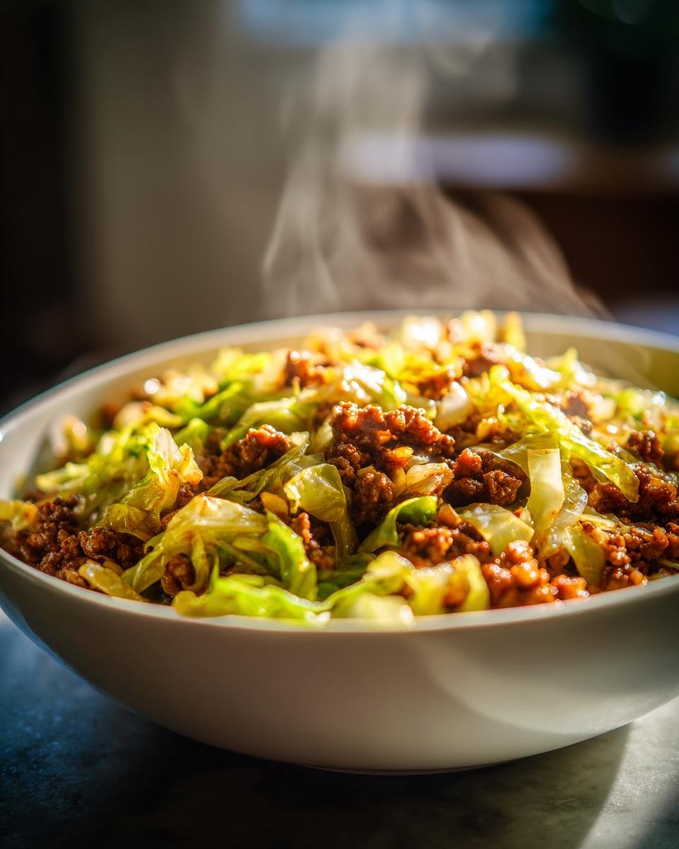 Hei&szlig;er Dampf steigt aus einer Sch&uuml;ssel mit einem k&ouml;stlichen Egg Roll In A Bowl Rezept, das Hackfleisch und Kohl enth&auml;lt.