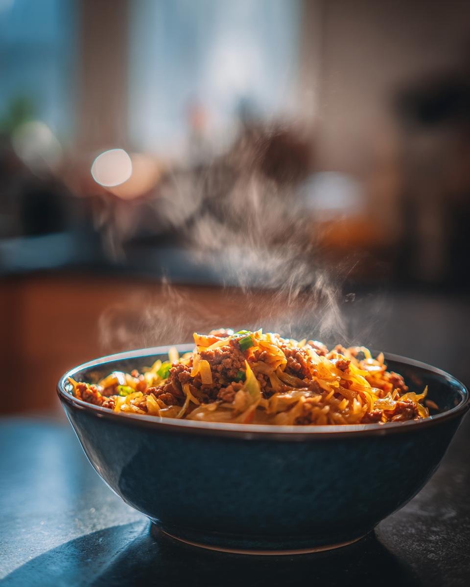 Dampfender Egg Roll In A Bowl in einer blauen Sch&uuml;ssel, ein schnelles und einfaches Gericht.