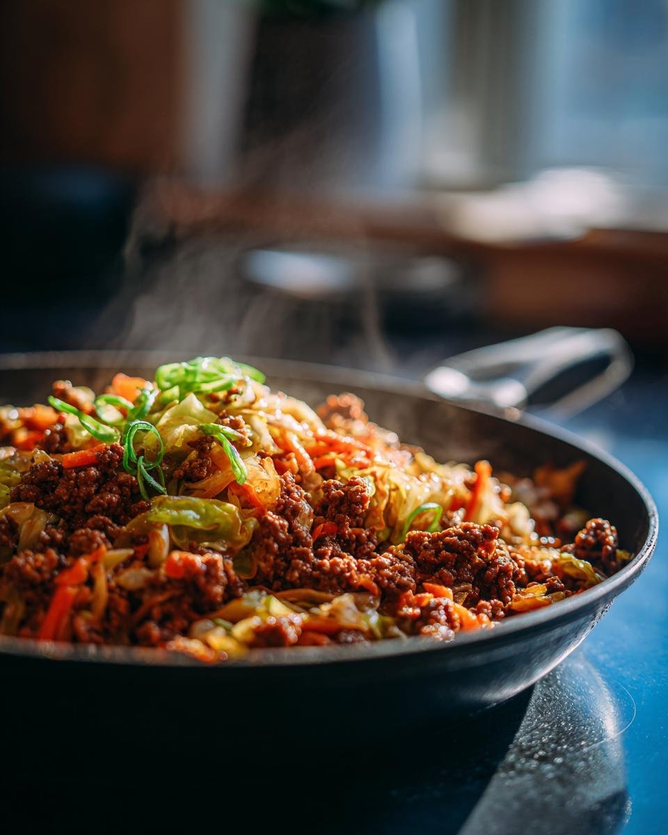 Nahaufnahme eines dampfenden Egg Roll In A Bowl in einer Pfanne, mit Hackfleisch und Gem&uuml;se.