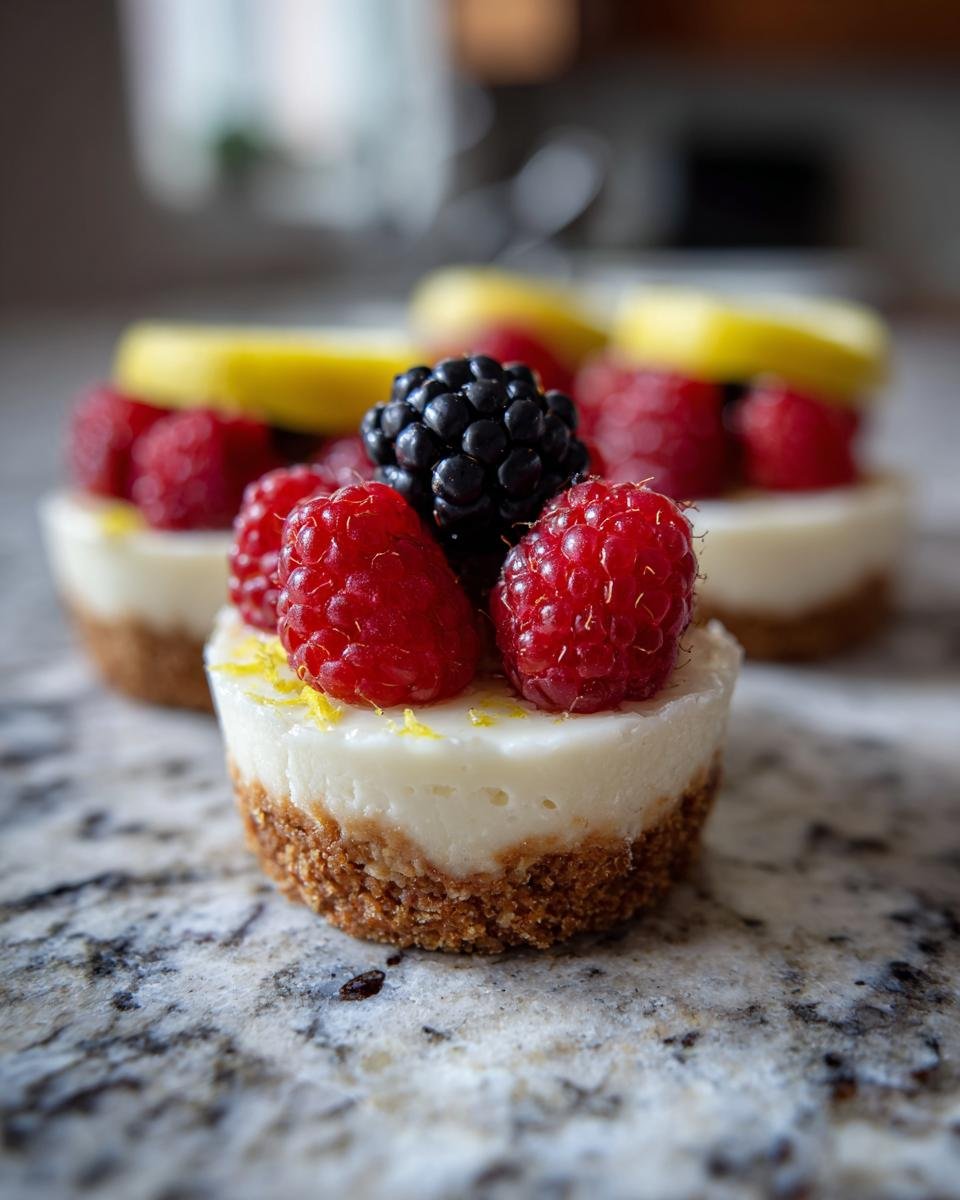 Nahaufnahme von Low-Sugar Mini Griechischer Joghurt-K&auml;sekuchen, garniert mit Himbeeren, Brombeeren und Zitronenschale.