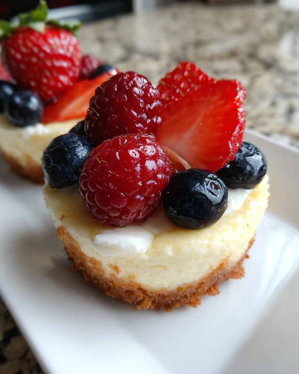 Nahaufnahme von Low-Sugar Mini Greek Yogurt Cheesecakes, garniert mit frischen Erdbeeren, Himbeeren und Blaubeeren.
