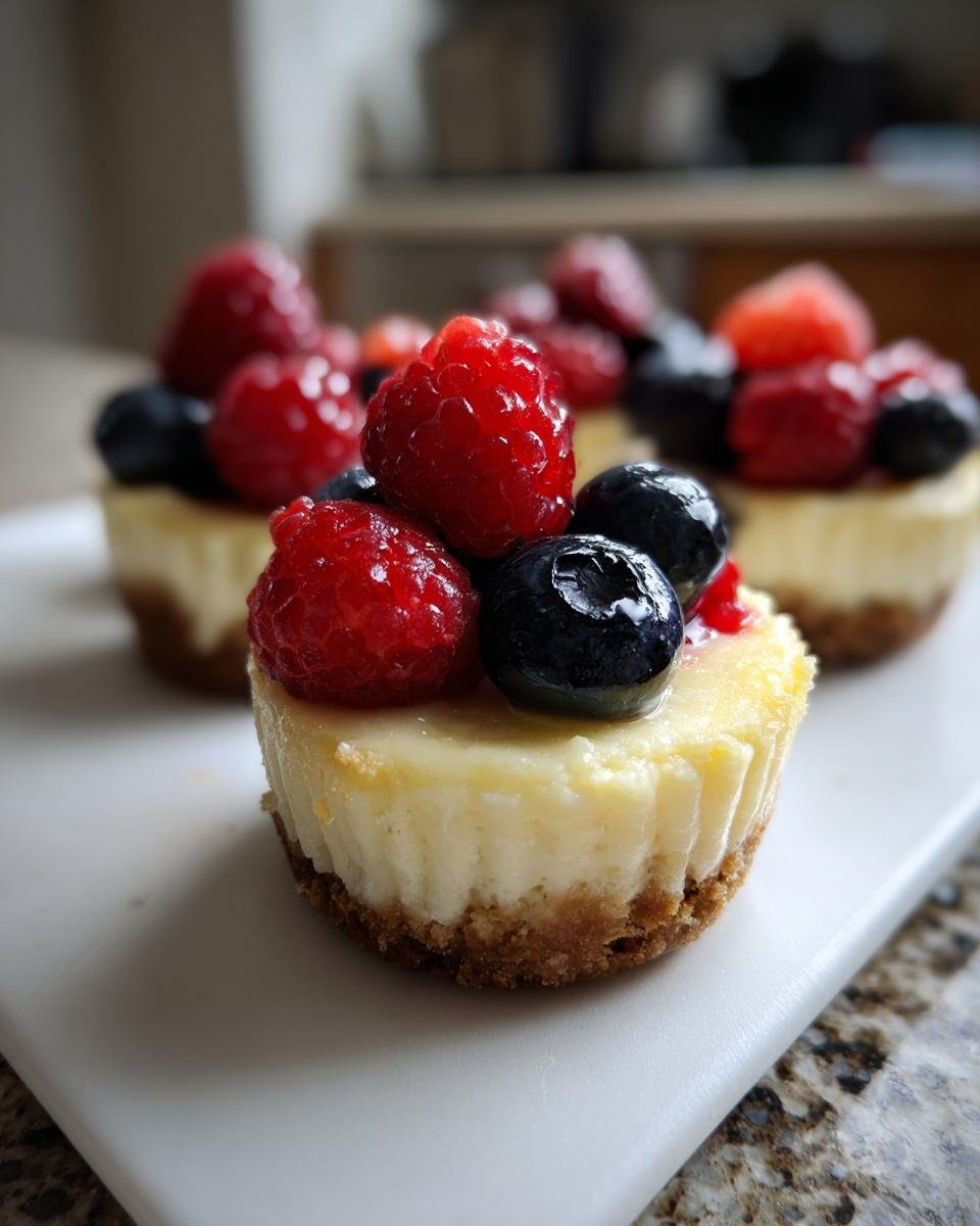 Nahaufnahme von Low-Sugar Mini Greek Yogurt Cheesecakes, garniert mit frischen Himbeeren und Blaubeeren.