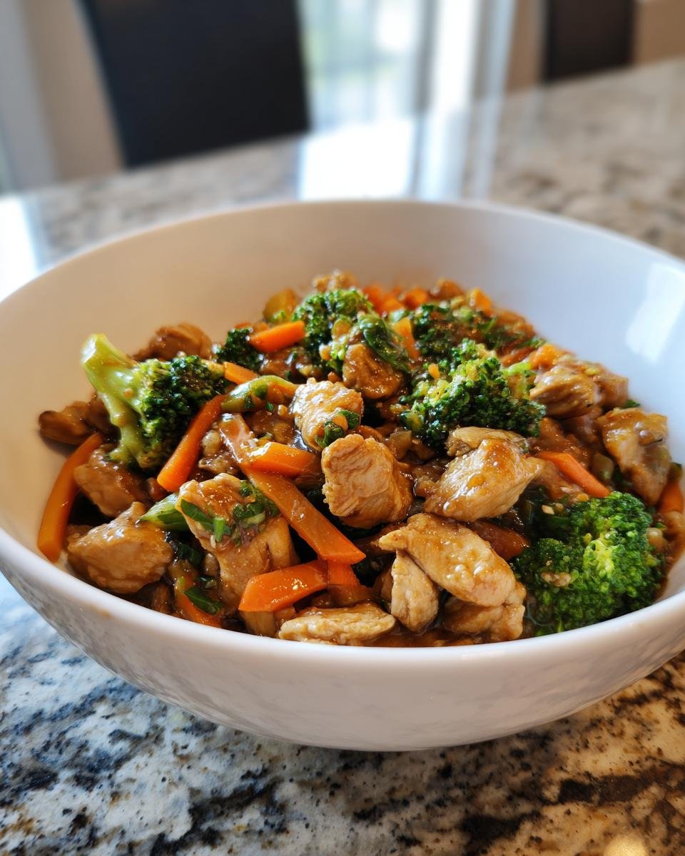 Sch&uuml;ssel mit magischem Eirollgericht: H&auml;hnchenst&uuml;cke, Brokkoli und Karotten in einer gl&auml;nzenden Sauce.