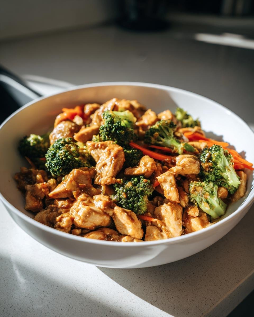 Nahaufnahme eines magischen Eirollgerichts mit H&auml;hnchenst&uuml;cken, Brokkoli und Karotten in einer wei&szlig;en Sch&uuml;ssel.