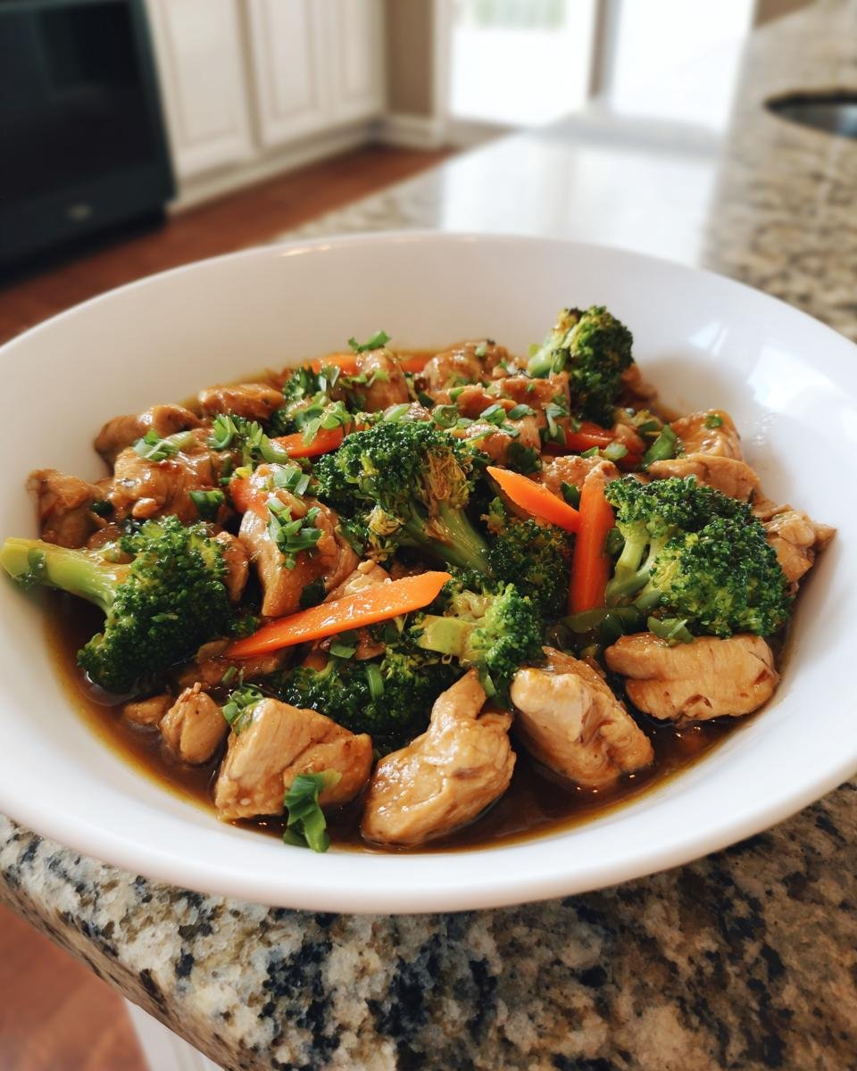 Nahaufnahme eines magischen Eirollgerichts mit H&auml;hnchenst&uuml;cken, Brokkoli und Karotten in einer Sch&uuml;ssel.