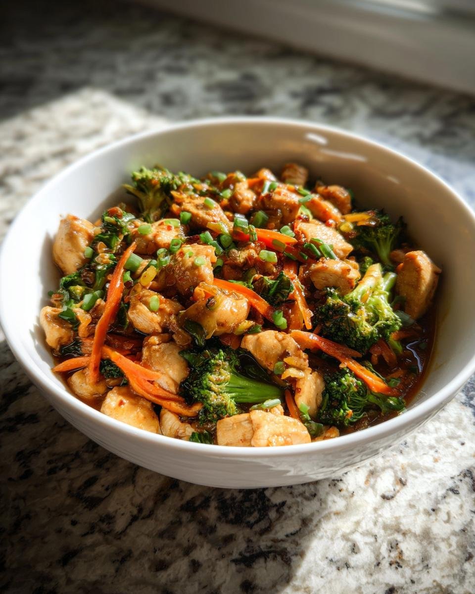 Sch&uuml;ssel mit magischem Eirollgericht, H&uuml;hnchen, Brokkoli und Karotten, garniert mit Fr&uuml;hlingszwiebeln.