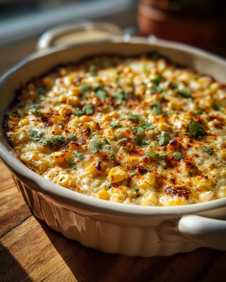 Cremiger Maisdip in einer Auflaufform, bestreut mit Koriander und Paprikapulver.