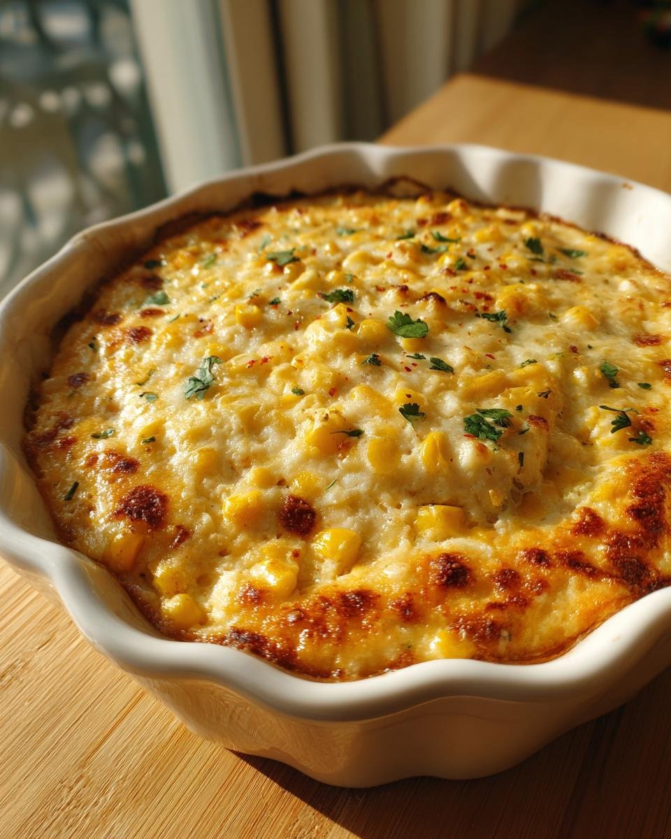 Ein goldbraun gebackener Maisdip in einer wei&szlig;en Auflaufform, garniert mit Petersilie.