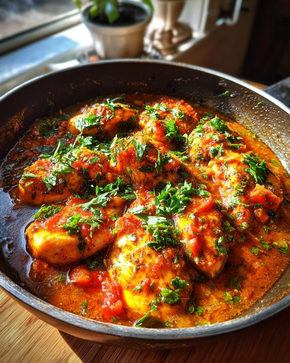 Ganzes Melt In Your Mouth Chicken Gericht in einer Pfanne mit Tomatensauce und Petersilie.