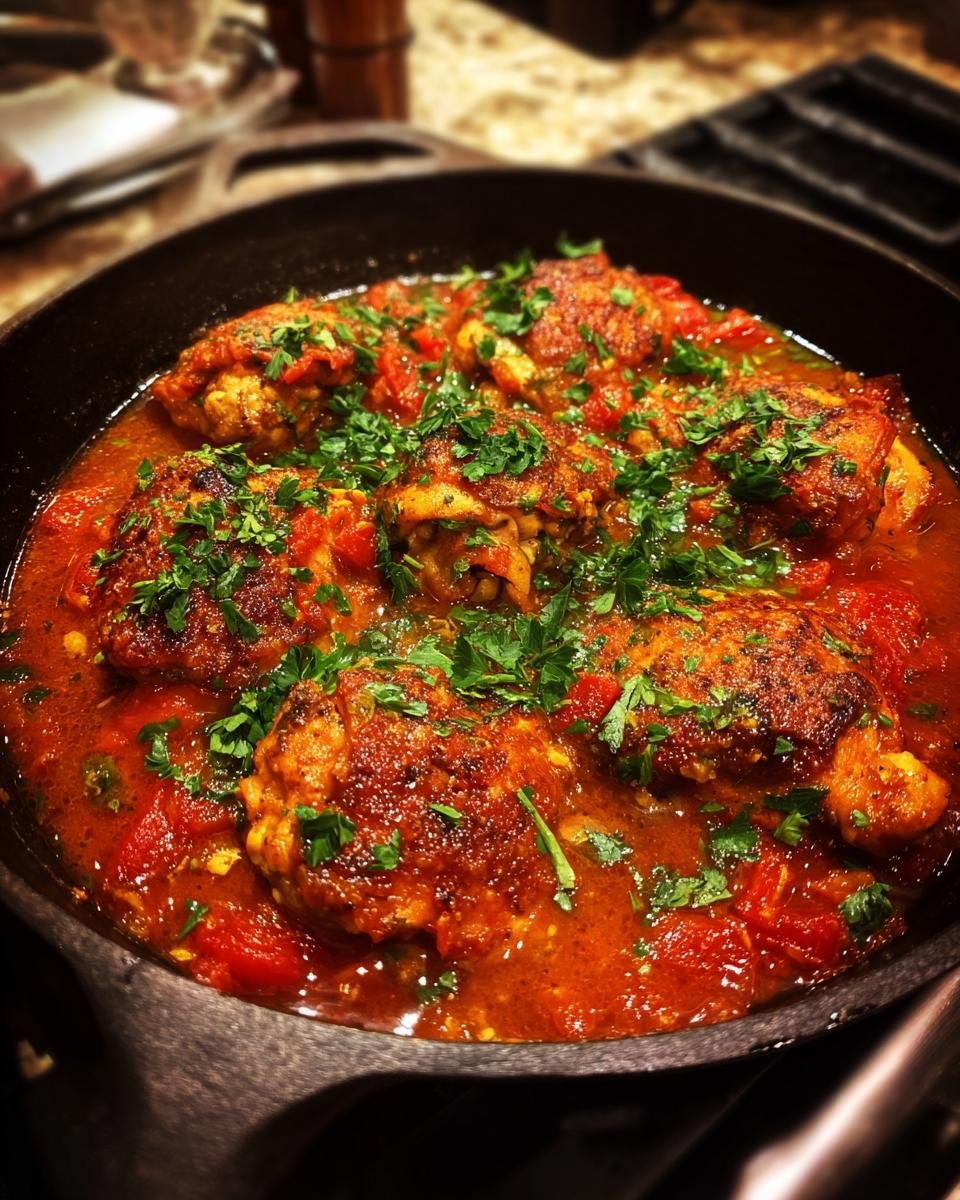 Melt In Your Mouth Chicken in einer Gusseisenpfanne mit Tomaten und Petersilie.