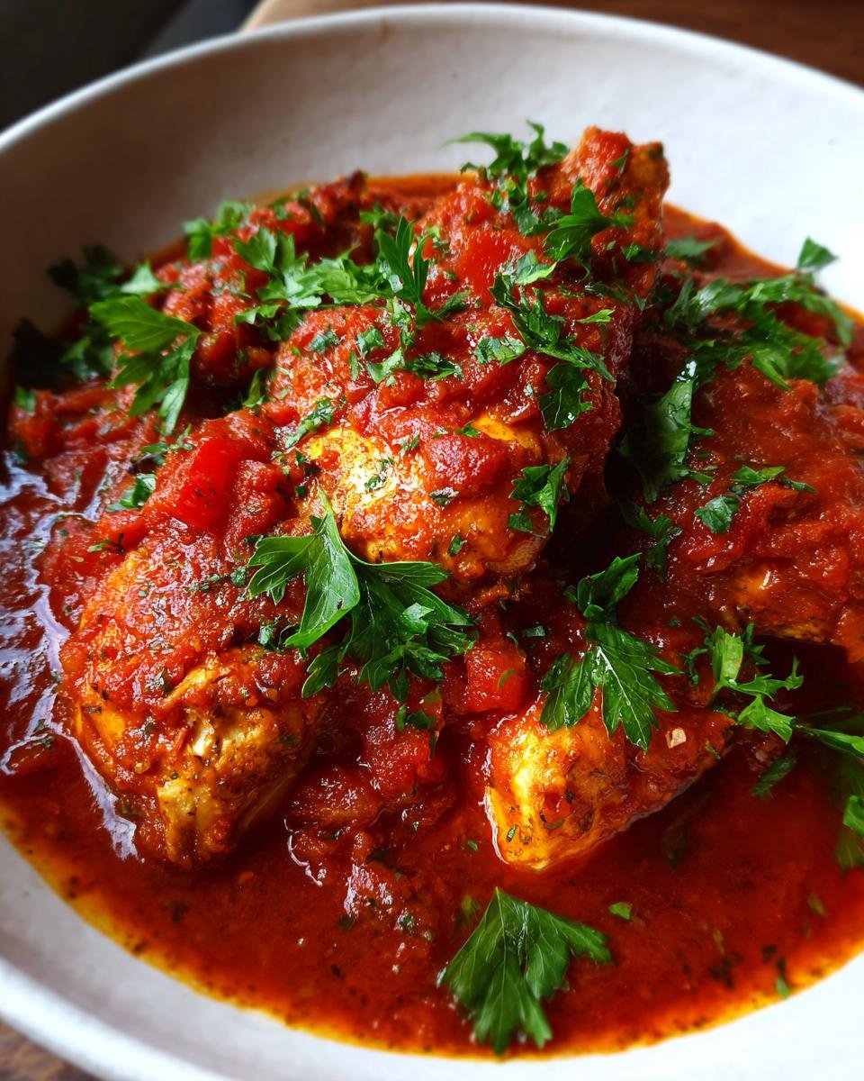 Sch&uuml;ssel mit saftigem Melt In Your Mouth Chicken in einer reichhaltigen Tomatensauce, garniert mit frischer Petersilie.