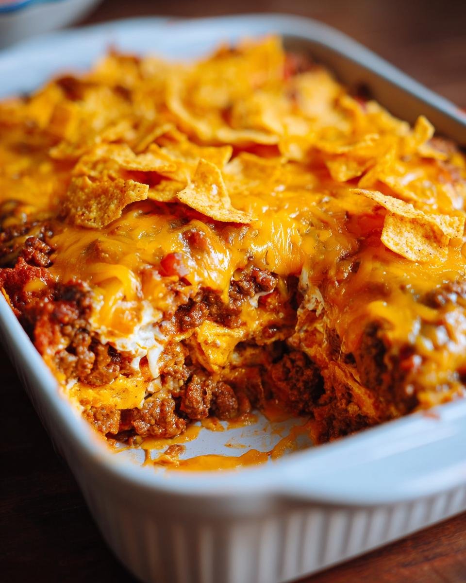 Nahaufnahme eines saftigen Mexican Beef Casserole mit geschmolzenem K&auml;se und Tortilla-Chips.