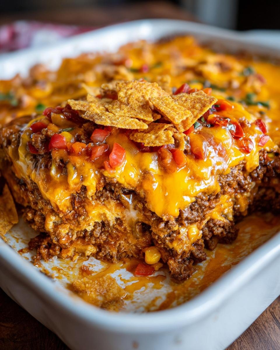 Nahaufnahme eines St&uuml;cks Mexican Beef Casserole mit geschmolzenem K&auml;se, Hackfleisch und Tortilla Chips.
