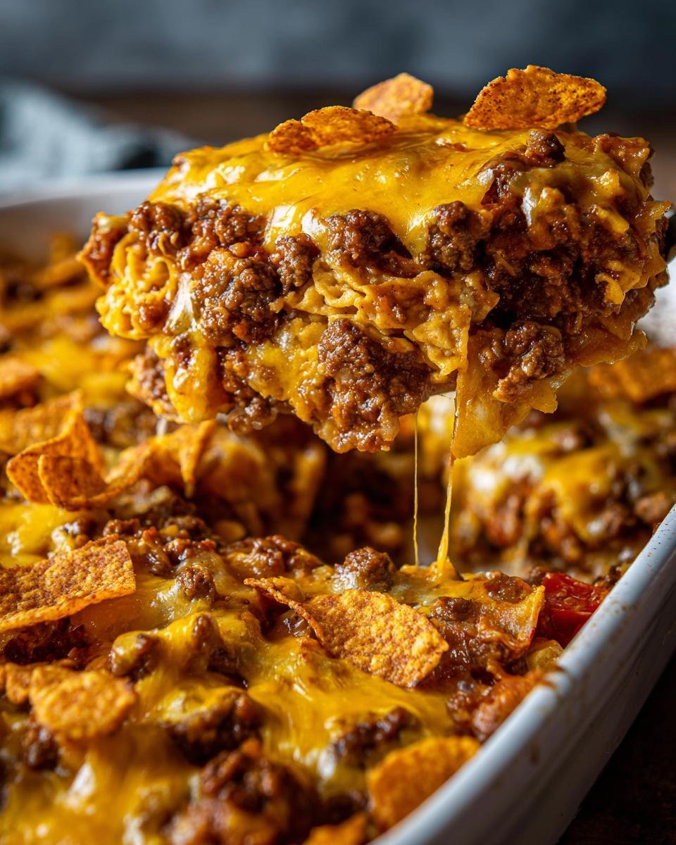 Ein St&uuml;ck Mexican Beef Casserole mit geschmolzenem K&auml;se und Tortilla-Chips wird aus einer Auflaufform gehoben.