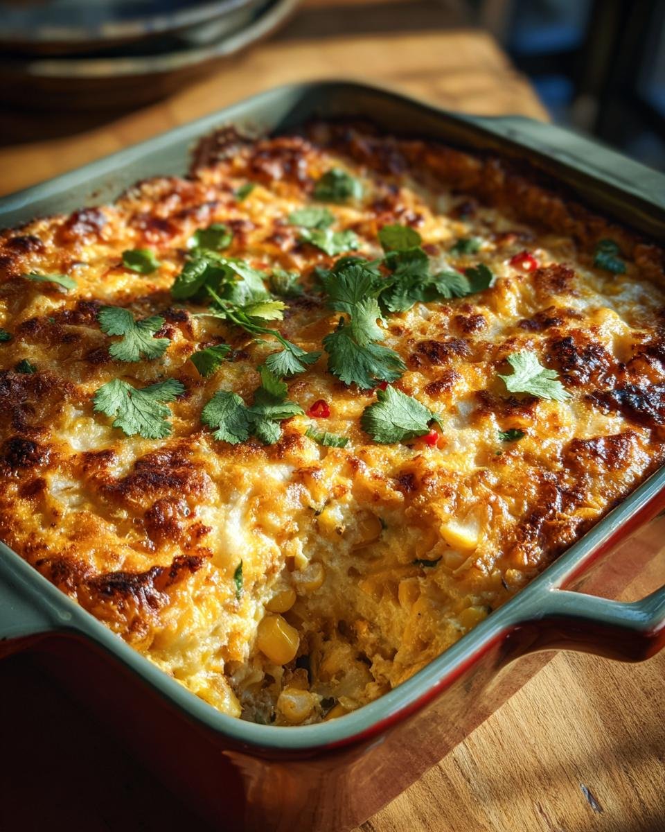 Nahaufnahme eines herzhaften, gebackenen mexikanischen Maisdips mit Koriander und Chili.