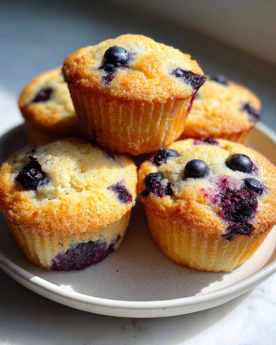 Mehrere Mini Blaubeermuffins auf einem Teller gestapelt, mit saftigen Blaubeeren.
