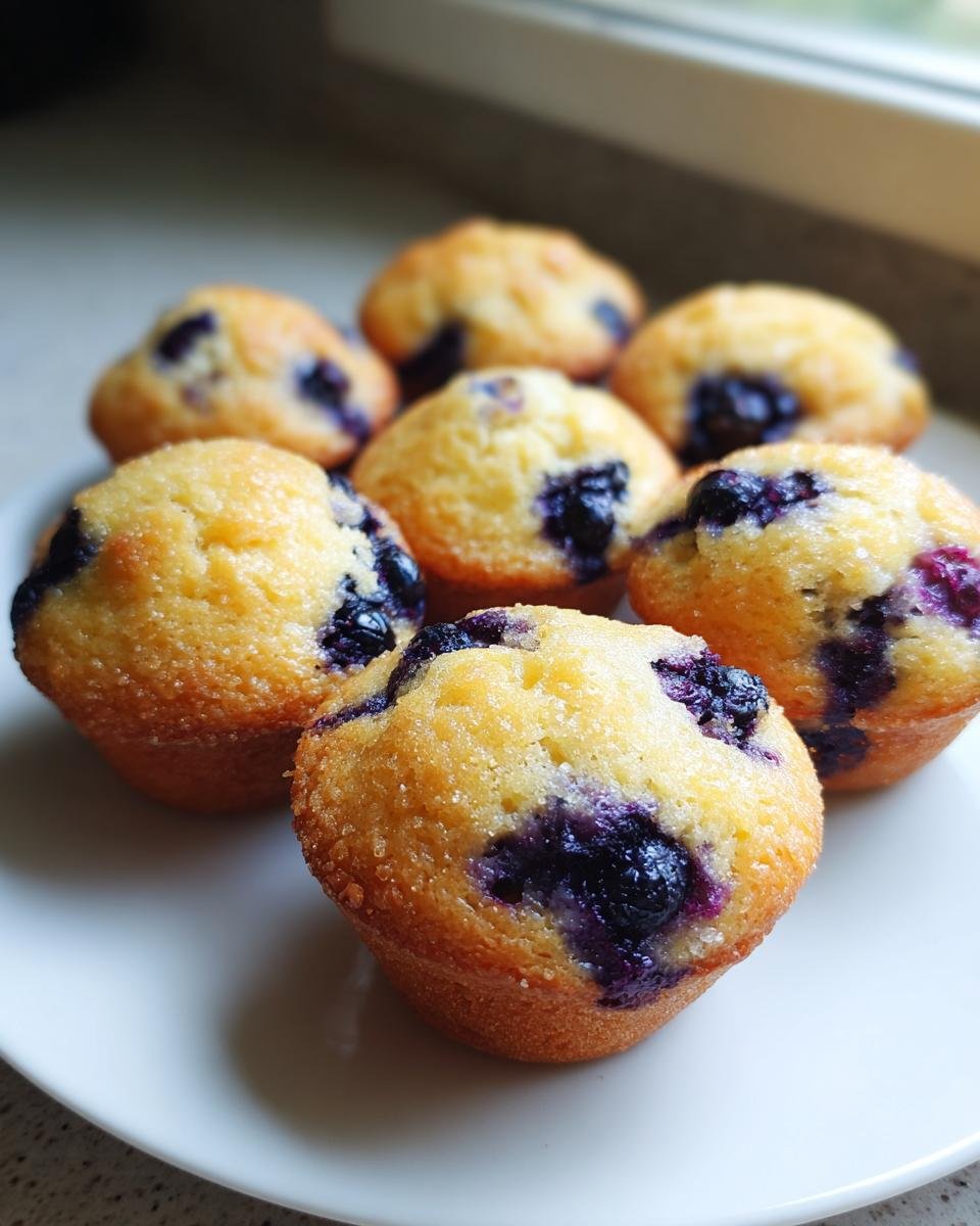 Nahaufnahme von Mini Blaubeermuffins auf einem Teller, mit saftigen Blaubeeren im Teig.
