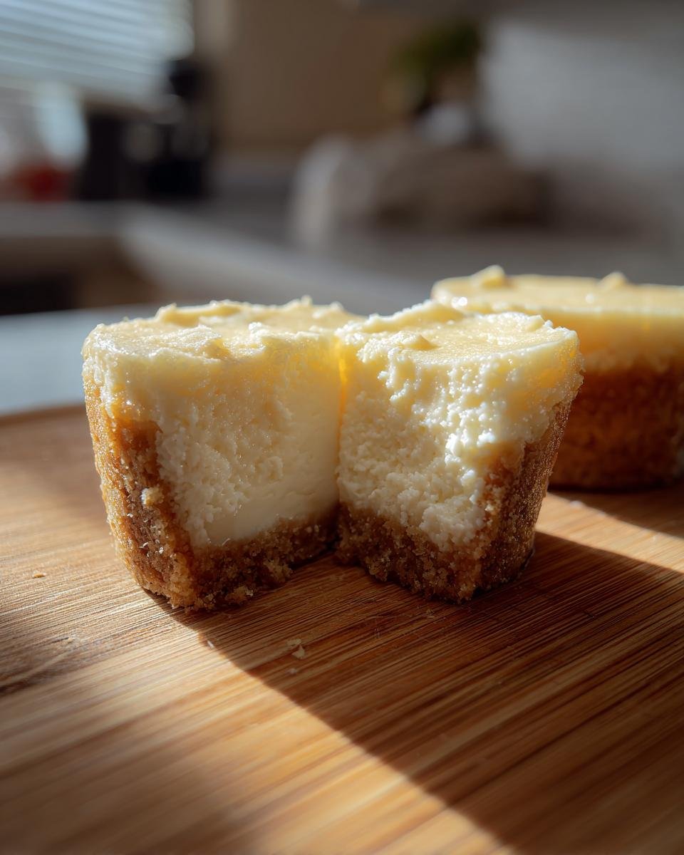 Ein aufgeschnittener Mini-K&auml;sekuchen mit knusprigem Boden und cremiger F&uuml;llung.
