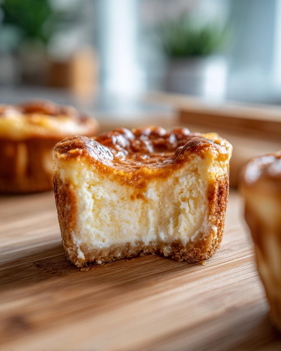 Ein gebissener Mini-K&auml;sekuchen mit goldbrauner Kruste und cremigem Inneren.