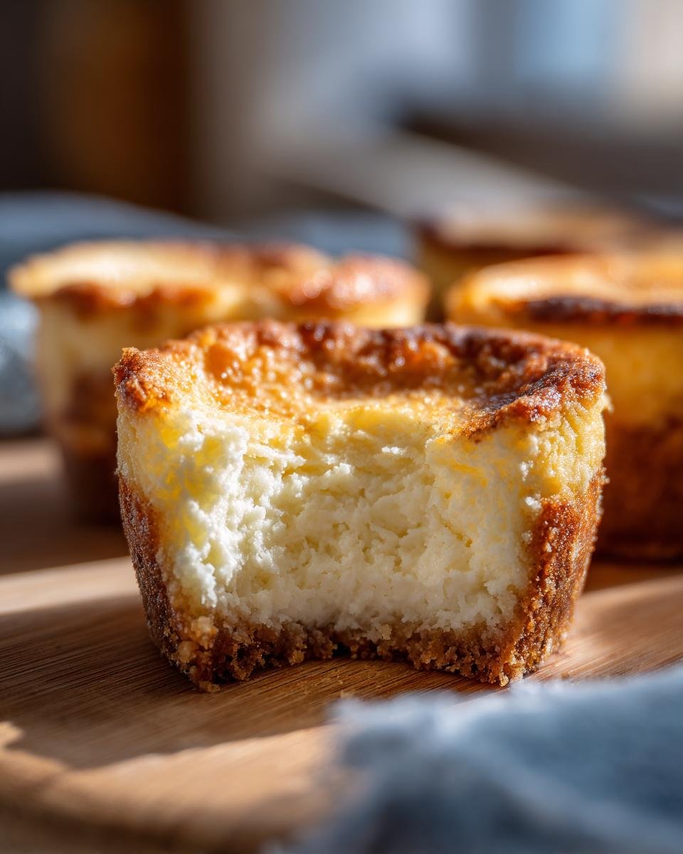 Ein k&ouml;stlicher Mini-K&auml;sekuchen mit einem Bissen, der die cremige F&uuml;llung und den knusprigen Boden zeigt.