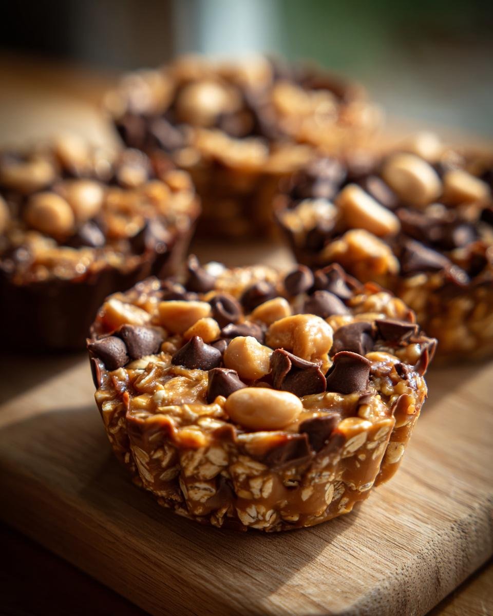 Nahaufnahme von No-Bake Peanut Butter Oat Cups mit Erdn&uuml;ssen und Schokoladenst&uuml;ckchen.