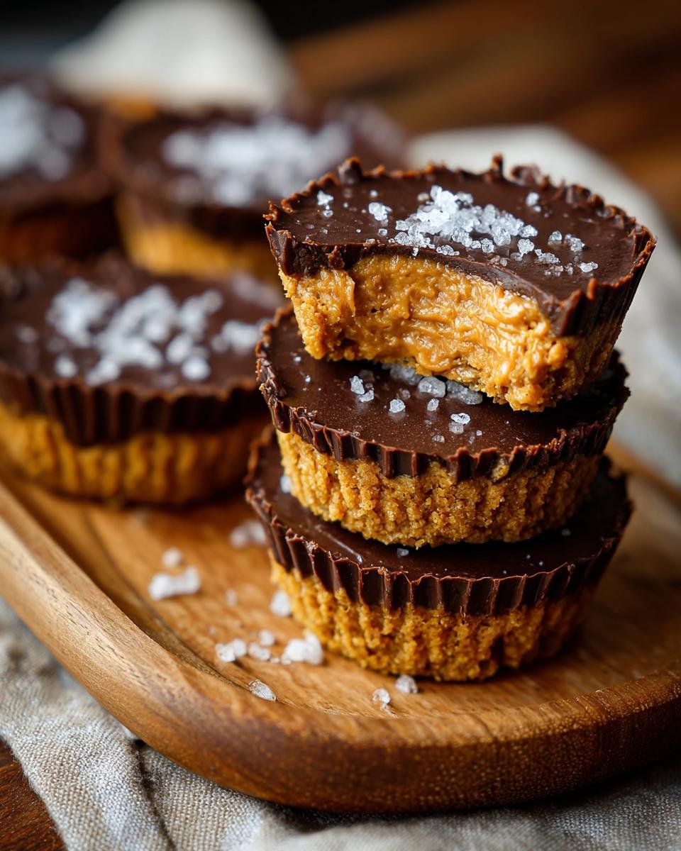 Gestapelte No-Bake Peanut Butter Oat Cups mit Schokoladenglasur und Meersalzflocken.