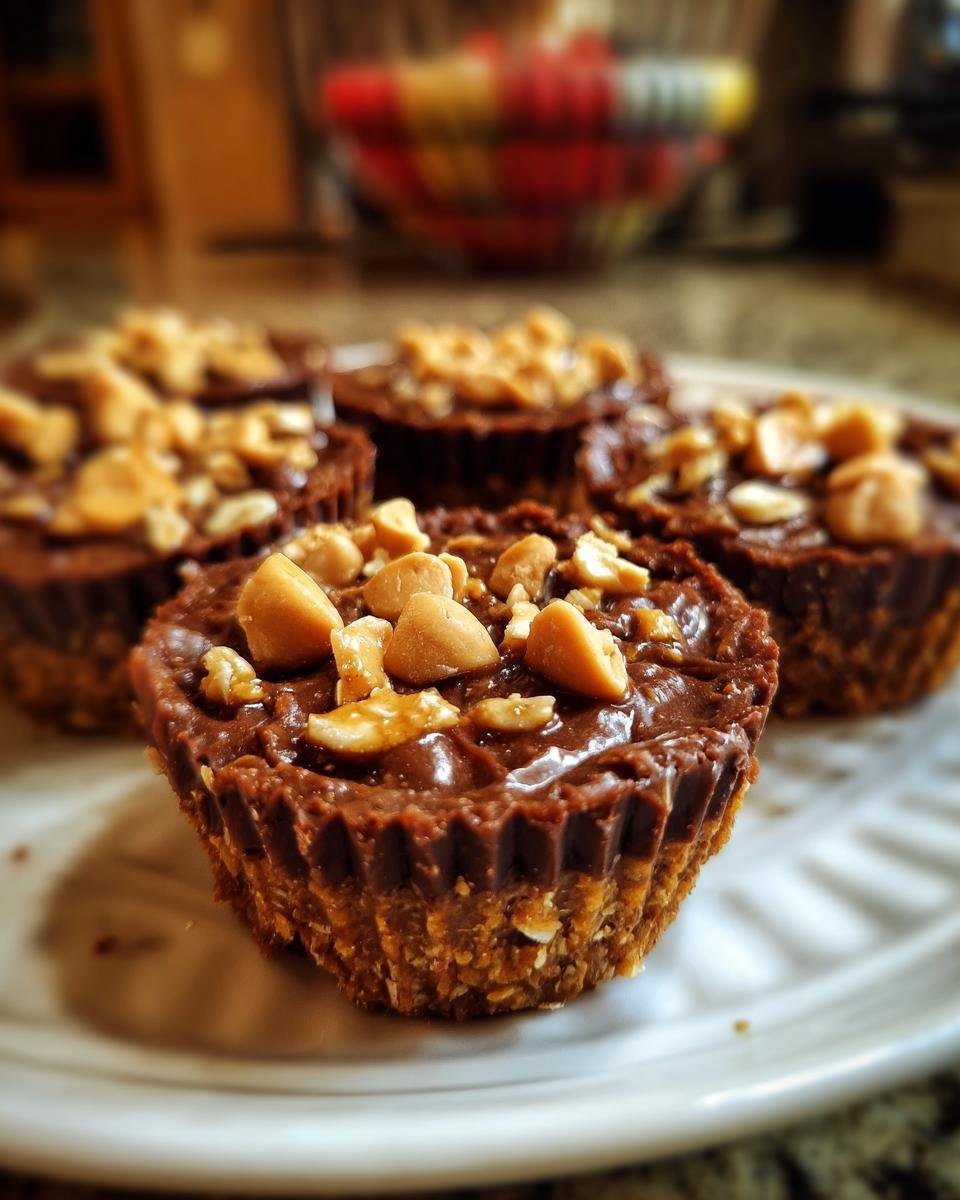 Schokoladige No-Bake Peanut Butter Oat Cups mit Erdn&uuml;ssen bestreut auf einem Teller.