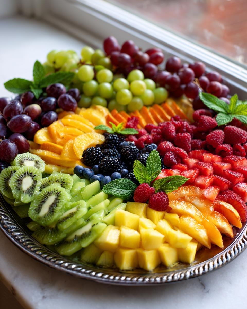 Eine bunte und frische Obstplatte mit Kiwi, Ananas, Orangen, Erdbeeren, Himbeeren, Brombeeren, Blaubeeren und Trauben.