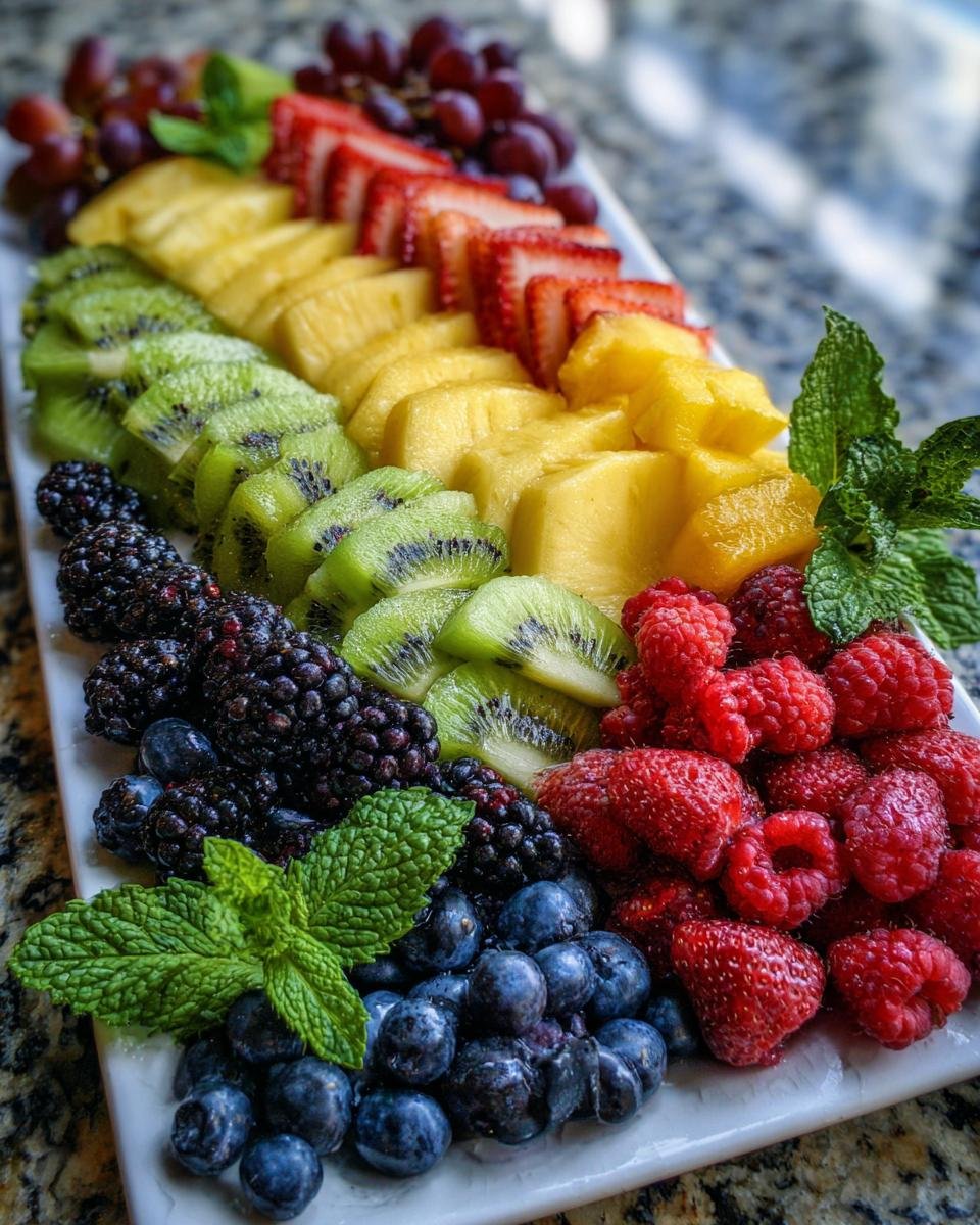 Eine bunte Obstplatte mit Erdbeeren, Ananas, Kiwi, Brombeeren, Blaubeeren und Himbeeren, garniert mit Minze.