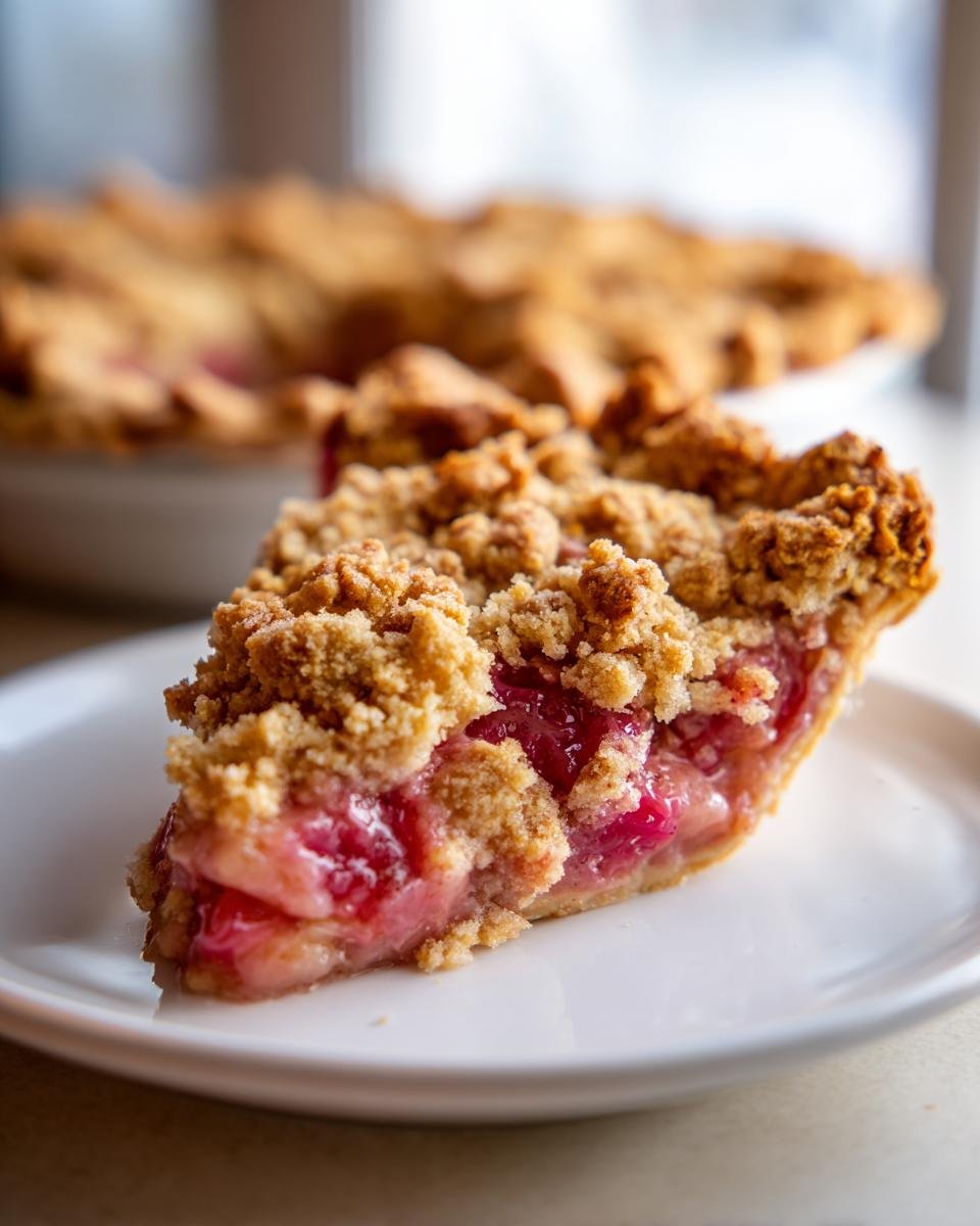 Ein St&uuml;ck perfekt s&uuml;&szlig;er Rhabarberkuchen mit knuspriger Kruste auf einem wei&szlig;en Teller.