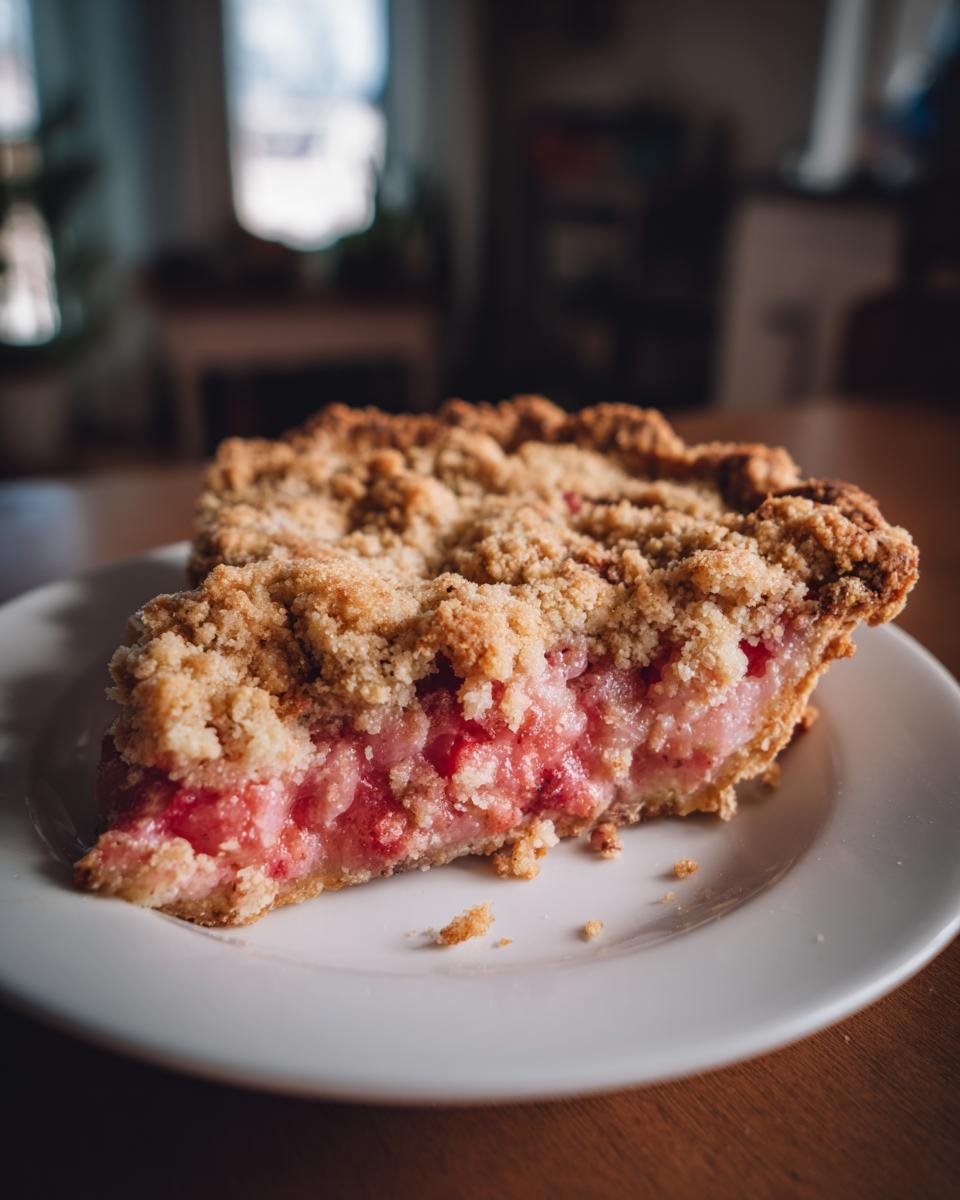 Ein St&uuml;ck perfekt s&uuml;&szlig;er Rhabarberkuchen mit knuspriger Streuseldecke auf einem wei&szlig;en Teller.