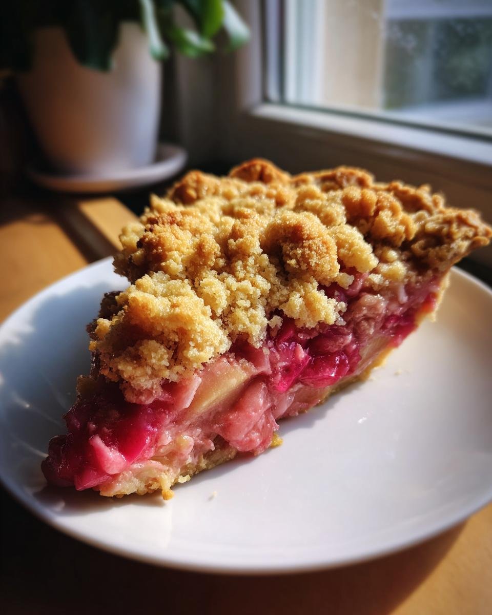 Ein St&uuml;ck perfekt s&uuml;&szlig;er Rhabarberkuchen mit knusprigen Streuseln auf einem wei&szlig;en Teller.