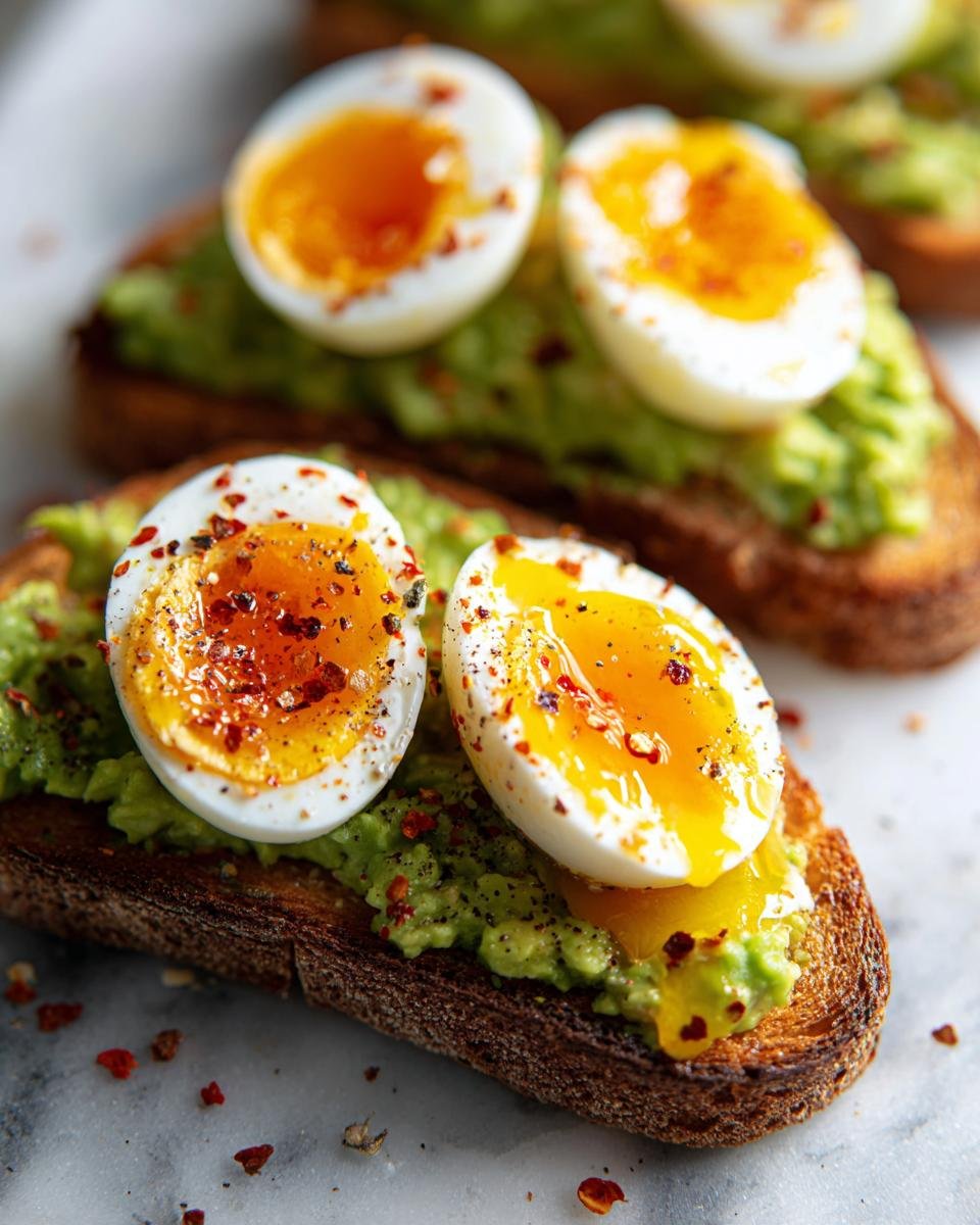Perfekter Avocado Toast mit 6-Minuten-Eiern, bestreut mit Chiliflocken und schwarzem Pfeffer.