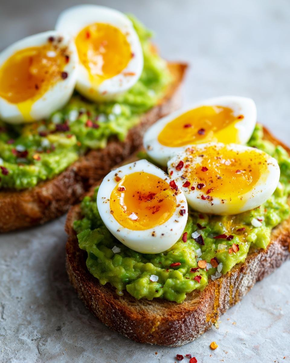 Nahaufnahme von perfektem Avocado Toast mit weichgekochten Eiern, bestreut mit Chiliflocken und Meersalz.