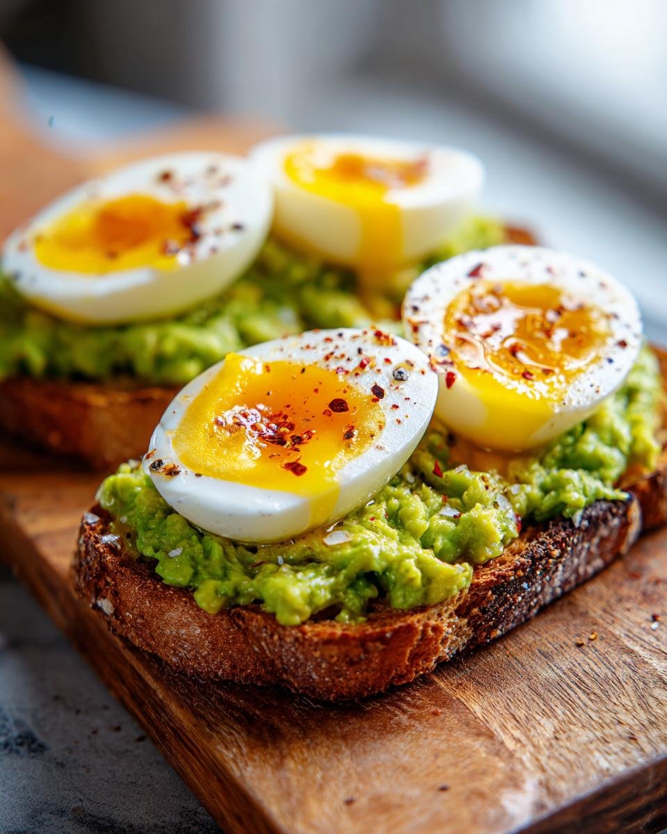 Perfekter Avocado Toast mit weichgekochten Eiern, garniert mit Gew&uuml;rzen auf einem Holzbrett.