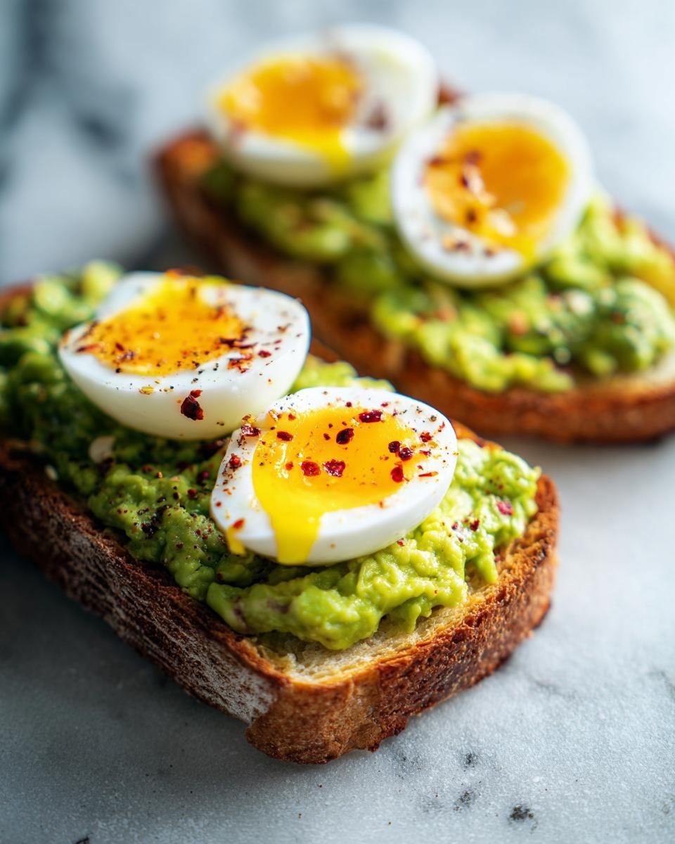 Zwei Scheiben perfekt zubereiteter Avocado Toast mit weichgekochten Eiern und Chiliflocken.