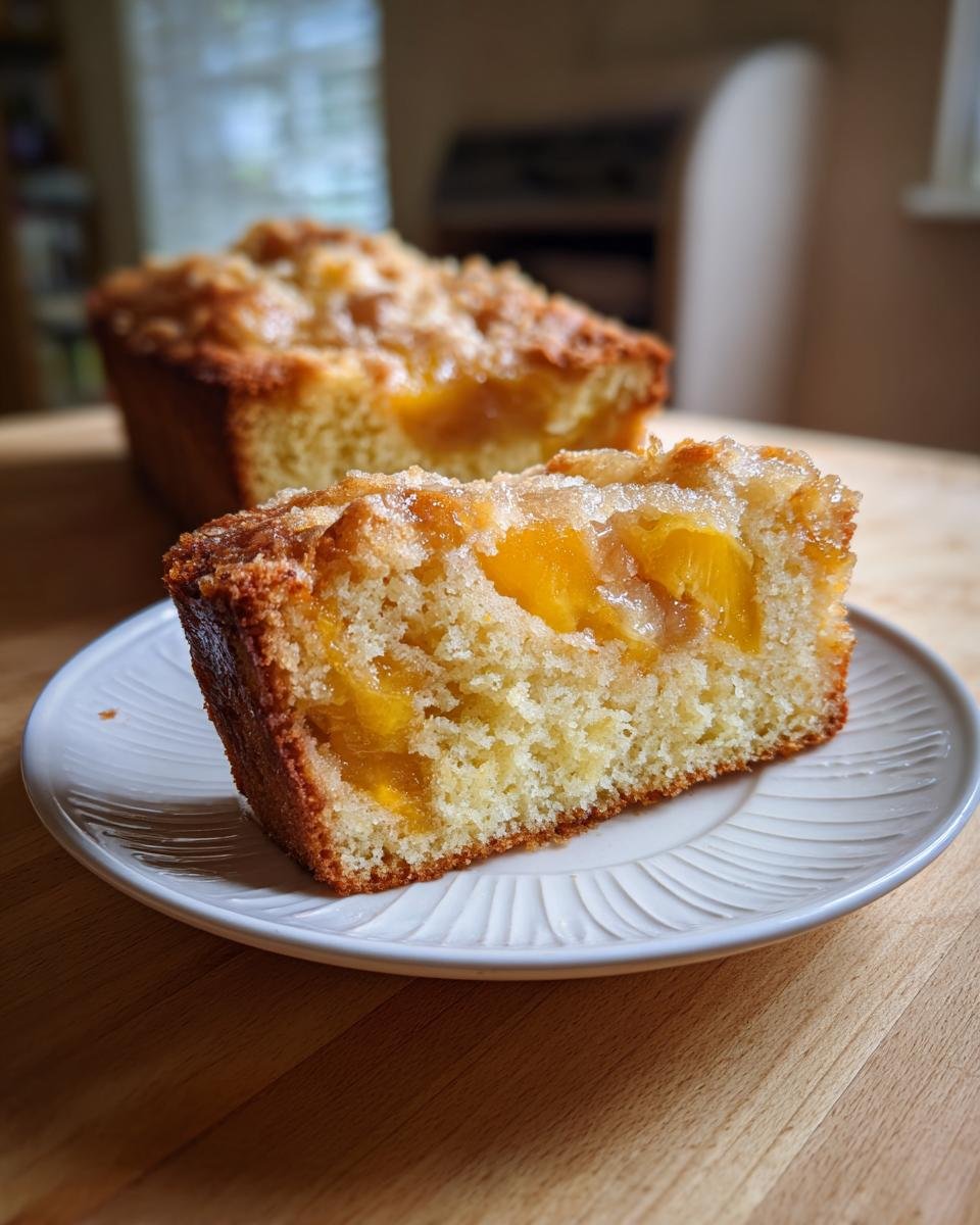 Ein St&uuml;ck Herrlicher Pfirsich-Cobbler-Pound-Cake auf einem Teller mit Pfirsichst&uuml;cken im Teig.