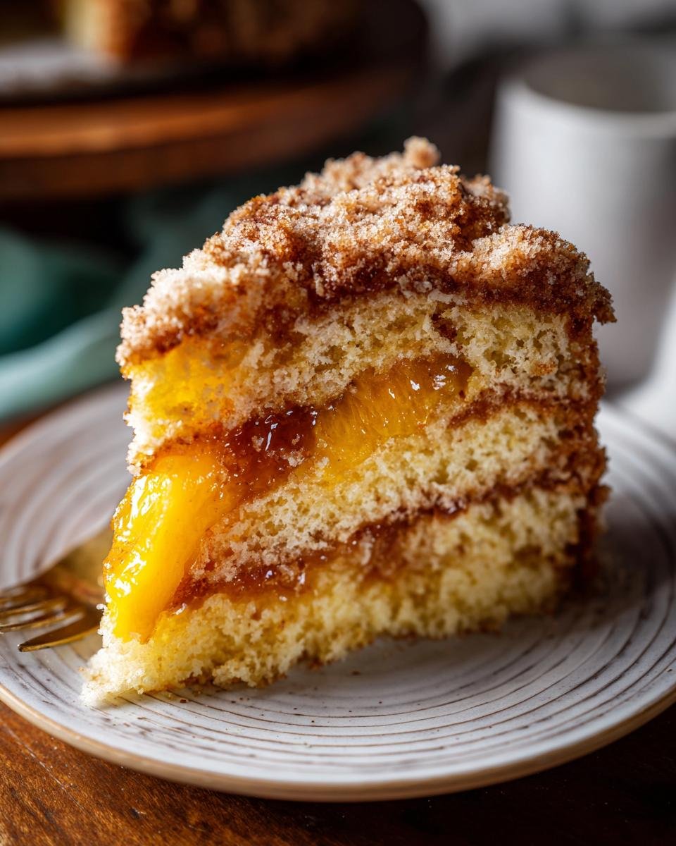 Nahaufnahme eines saftigen St&uuml;cks Pfirsich-Cobbler-Pound-Cake mit Streuseln und Pfirsichf&uuml;llung.