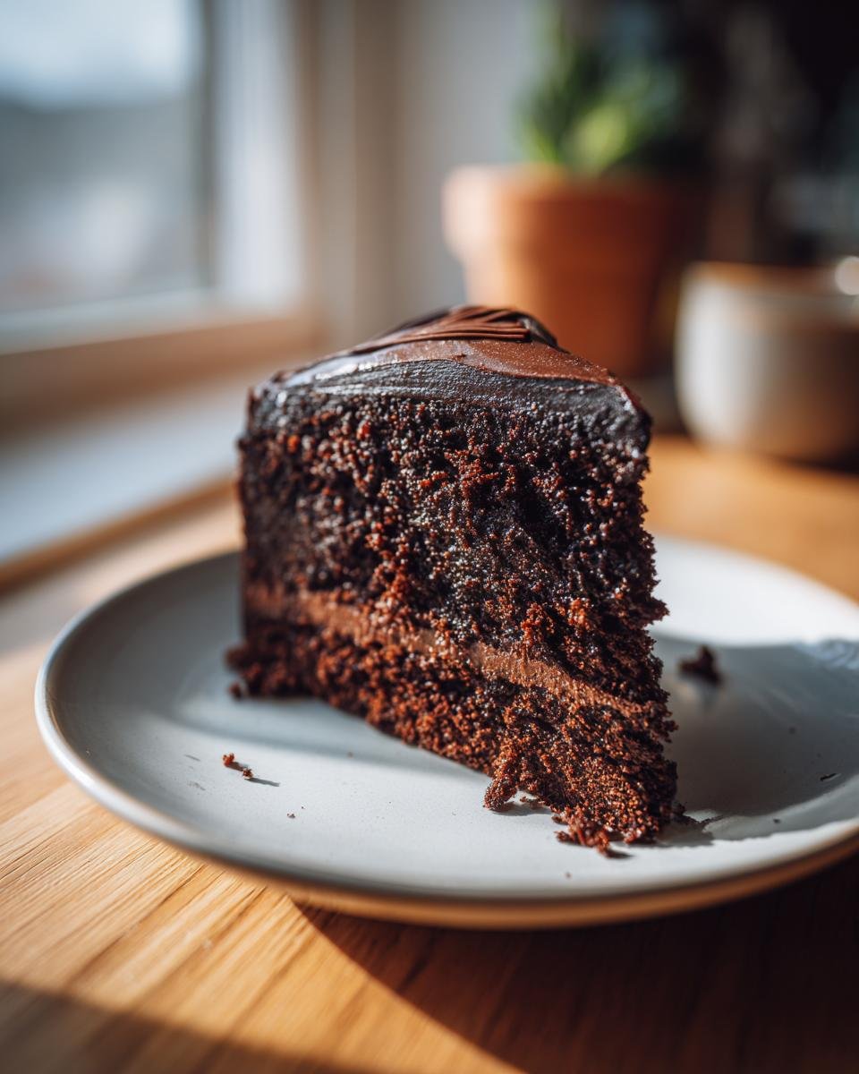 Ein Stück reichhaltiger Schokoladenkuchen mit Schokoladenglasur, perfekt für den Vatertag.