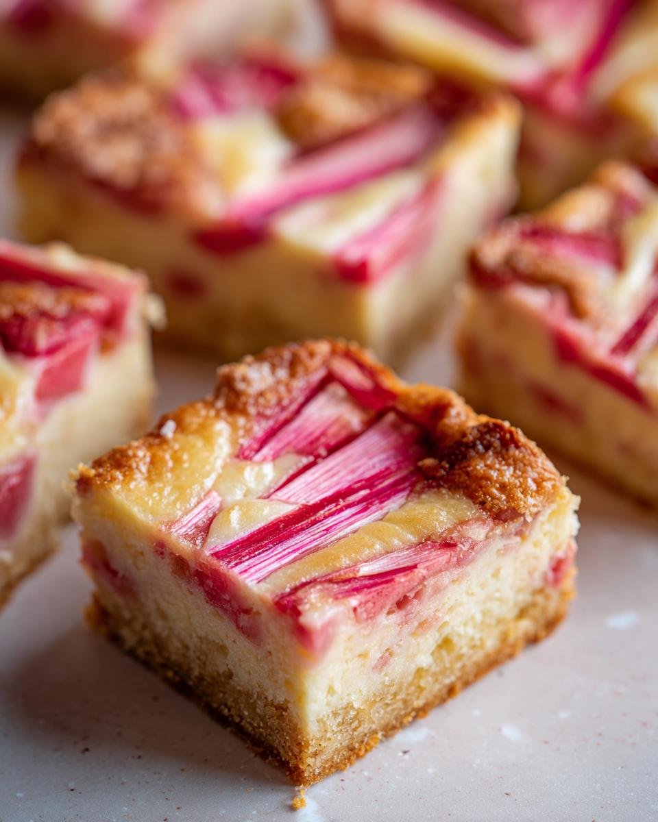 Nahaufnahme eines saftigen Rhabarber-Pudding-Riegels mit cremiger F&uuml;llung und Rhabarberstreifen.