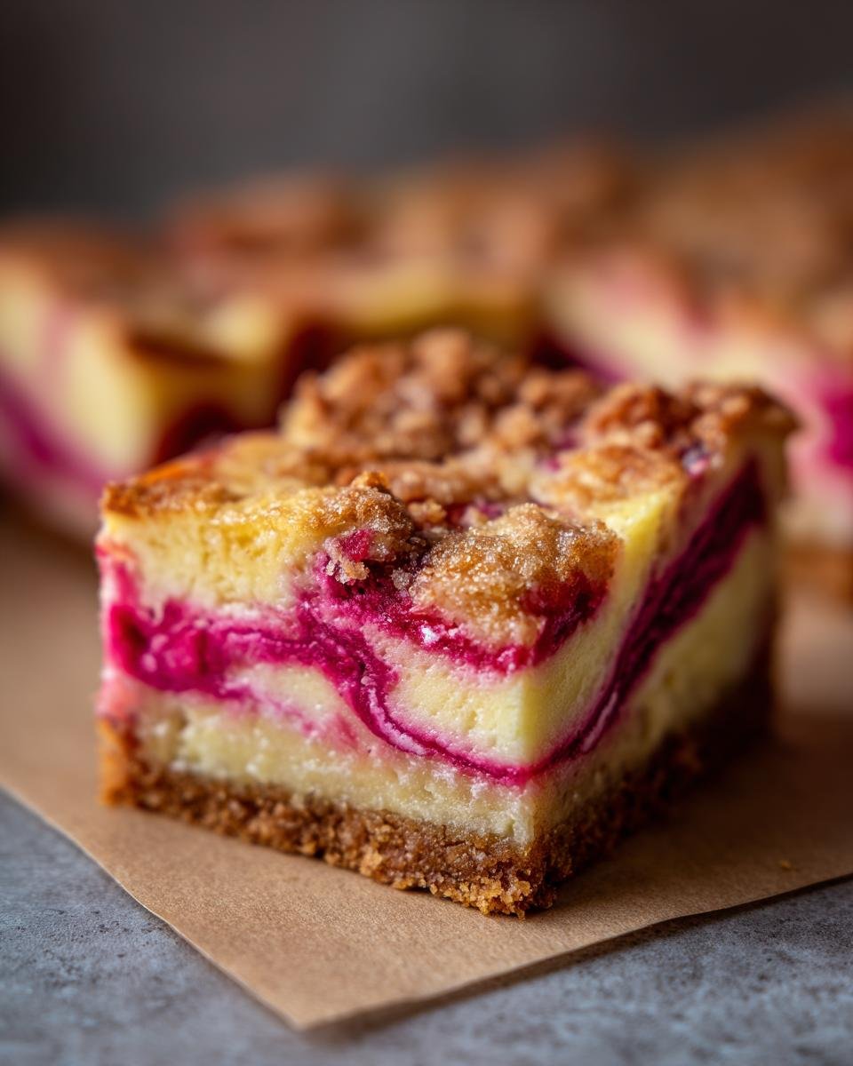 Nahaufnahme eines saftigen Rhabarber-Pudding-Riegels mit Streuseln und einer cremigen F&uuml;llung.