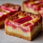 Nahaufnahme eines saftigen Rhabarber-Pudding-Riegels mit cremiger F&uuml;llung und rosa Rhabarberstreifen.