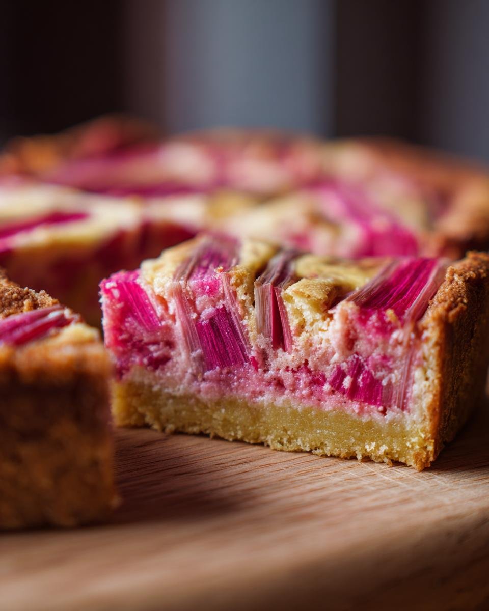Nahaufnahme eines saftigen Rhabarber-Pudding-Riegels mit einem knusprigen Boden auf einem Holzbrett.