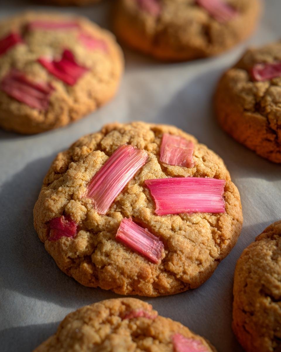 Nahaufnahme von Rhabarberkeksen mit saftigen Rhabarberst&uuml;cken auf einem Backblech.