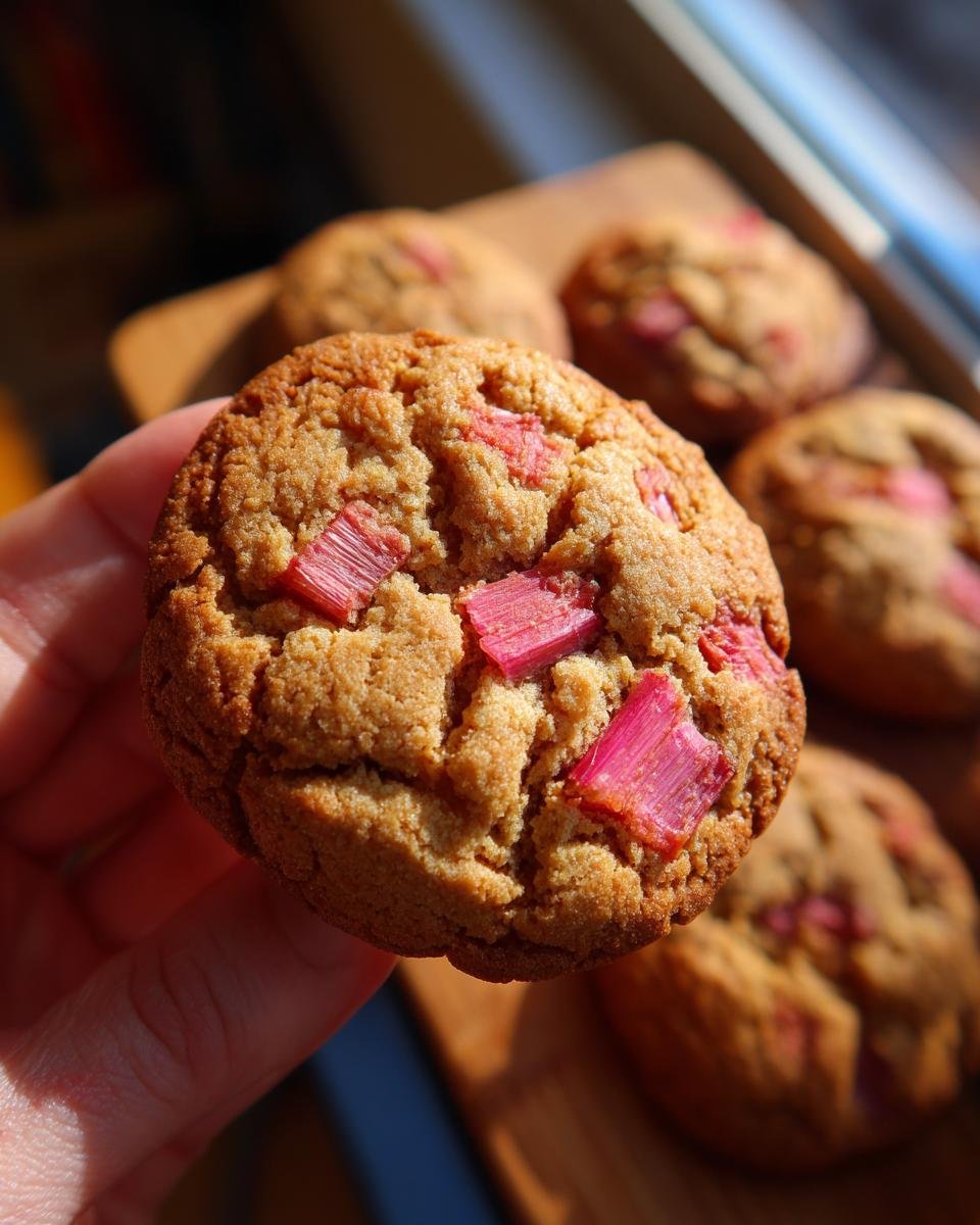 Nahaufnahme einer Hand, die einen saftigen Rhabarberkeks h&auml;lt, mit weiteren Rhabarberkeksen im Hintergrund.