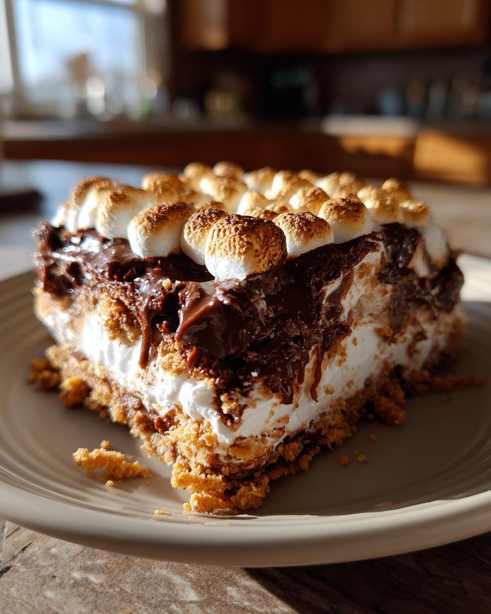 Ein St&uuml;ck S'mores Lasagne auf einem Teller mit geschmolzenen Marshmallows und Schokoladenglasur.