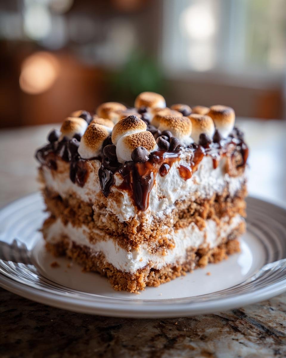 Ein St&uuml;ck S'mores Lasagne mit geschichtetem Keksboden, cremiger F&uuml;llung, Schokoladenst&uuml;ckchen und ger&ouml;steten Marshmallows.