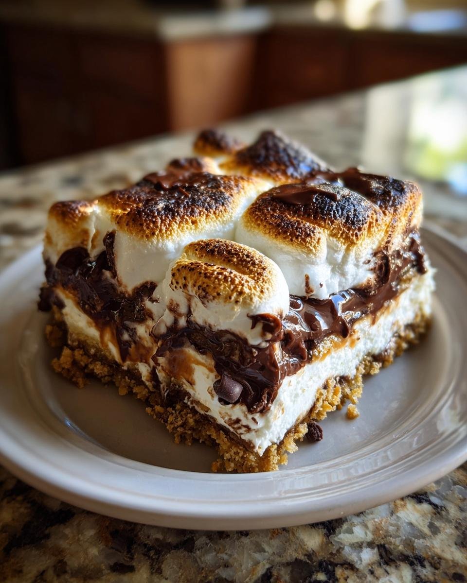 Ein St&uuml;ck S'mores Lasagne mit geschmolzenen Marshmallows, Schokolade und Graham Cracker Boden.